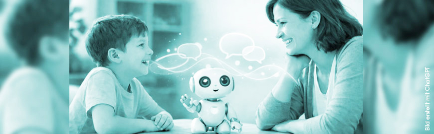 Europäischer Tag der Sprachtherapie 6. März 2026, Motiv, Kleiner Junge, Sprachtherapeutin, kleine Roboterfigur, virtuelle Sprechblasen, Deutscher Bundesverband für akademische Sprachtherapie und Logopädie (dbs) e.V.